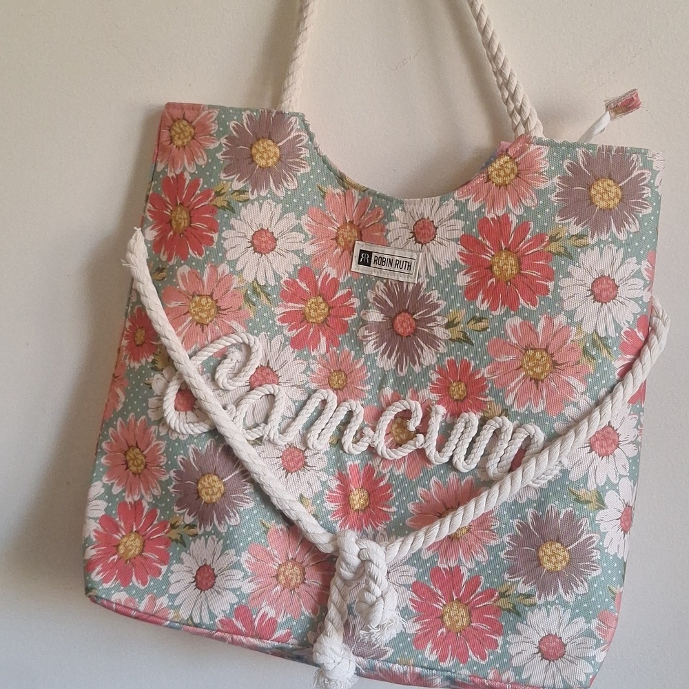 Robin Ruth Cancun Floral Rope Tote Bag Boho Beach Vacation Purse